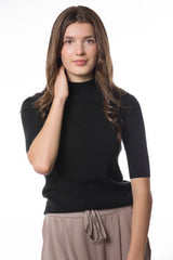 Sustainable Cashmere Short Sleeve Turtleneck Sweater - Black - Dongli Cashmere