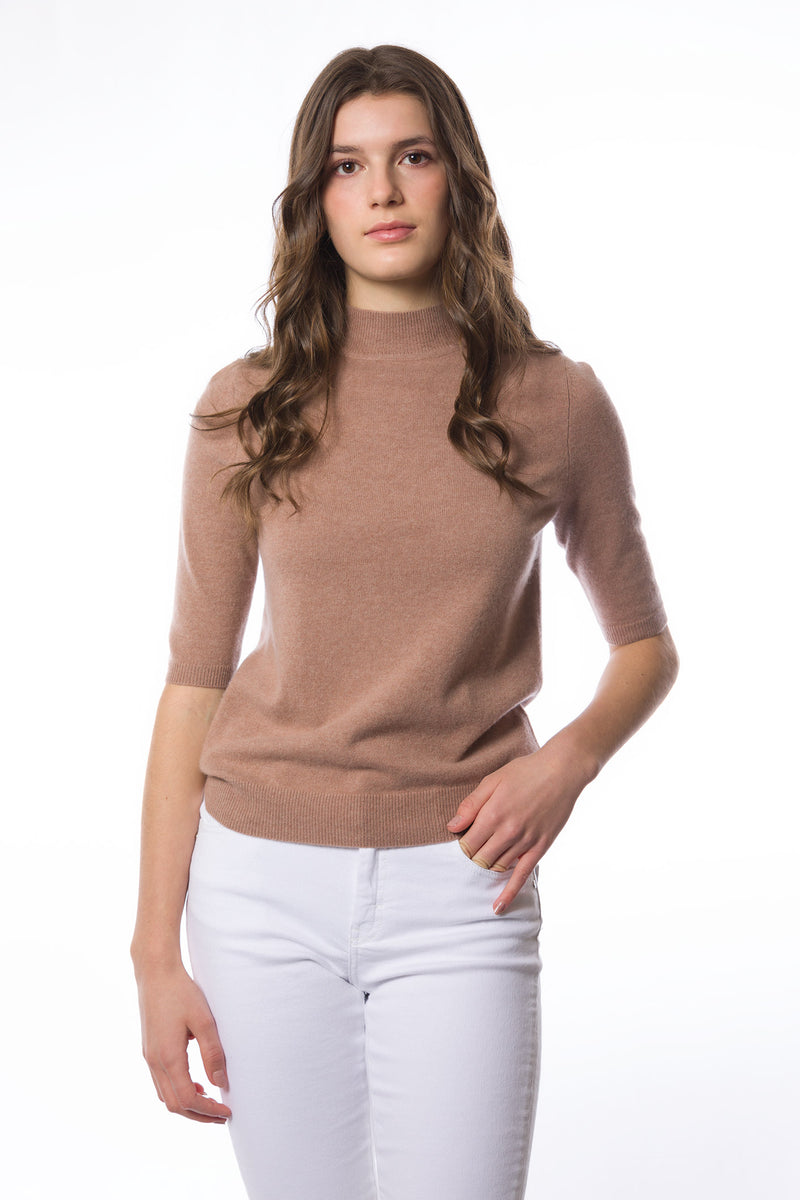 Sustainable Cashmere Short Sleeve Turtleneck Sweater - Camel - Dongli Cashmere